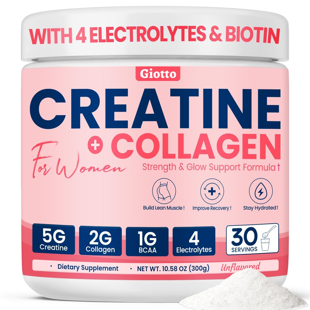 Giotto Creatine for Women with Electrolytes, Collagen & BCAAs – 5g Creatine Powder Per Serving for Hydration, Recovery & Lean Muscle – Unflavored, 30 Servings