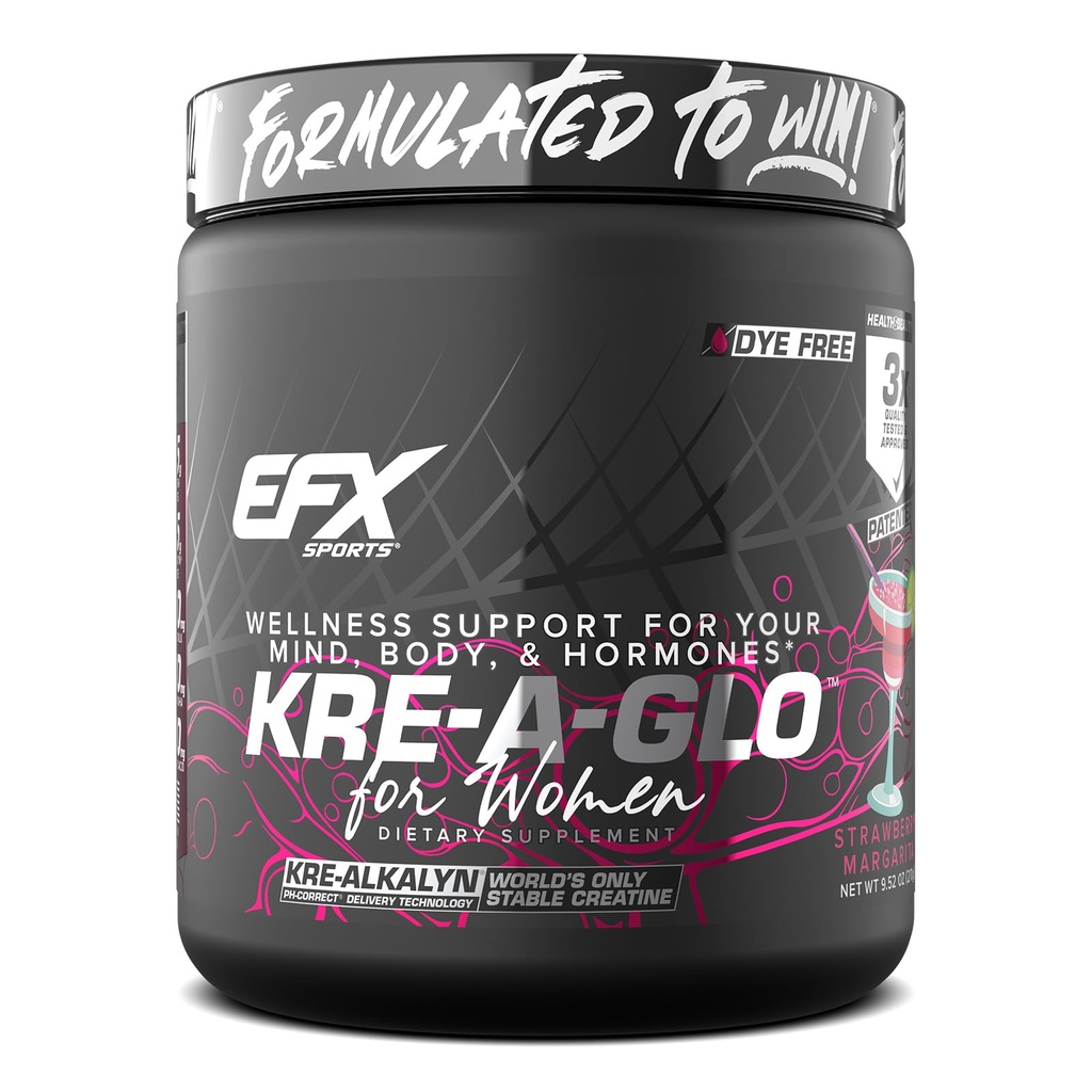 EFX Sports Kre-A-Glo Kre-Alkalyn Creatine for Women | 2.5g Collagen, 300mg Ashwagandha, 100mg Hyaluronic Acid | 30 Servings (Strawberry Margarita)