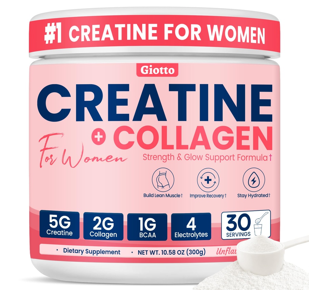 Giotto Creatine Monohydrate Powder for Women – 5g Creatine with 2g Collagen, 1g BCAAs and 4 Electrolytes for Lean Muscle & Strength – Unflavored, 30 SVG