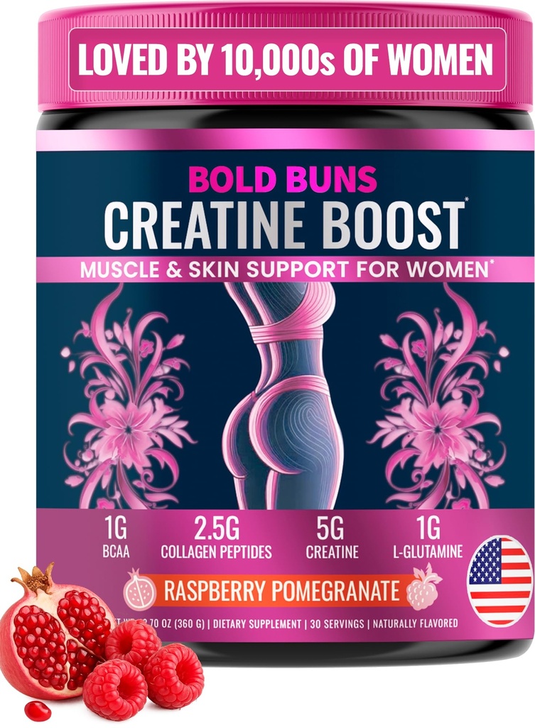 Bold Buns Creatine for Women – Supplement with Collagen & BCAA – Supports Muscle Development, Post-Workout Recovery, Skin Elasticity, Healthy Hair & Nail (30 Servings, Raspberry Pomegranate)