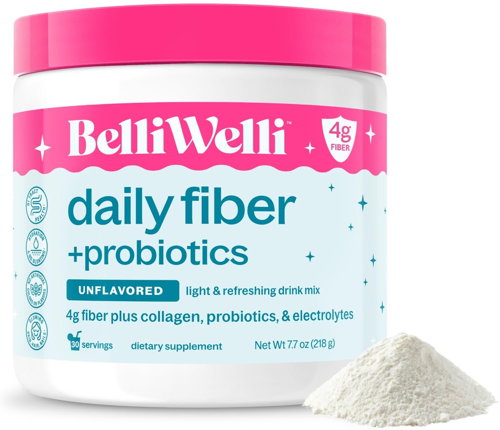 Belli Welli Unflavored Daily Fiber Supplement Powder with Collagen, Probiotics & Electrolytes | Supports Digestive Health, Gut Balance & Debloating, Sugar Free | 30 Servings