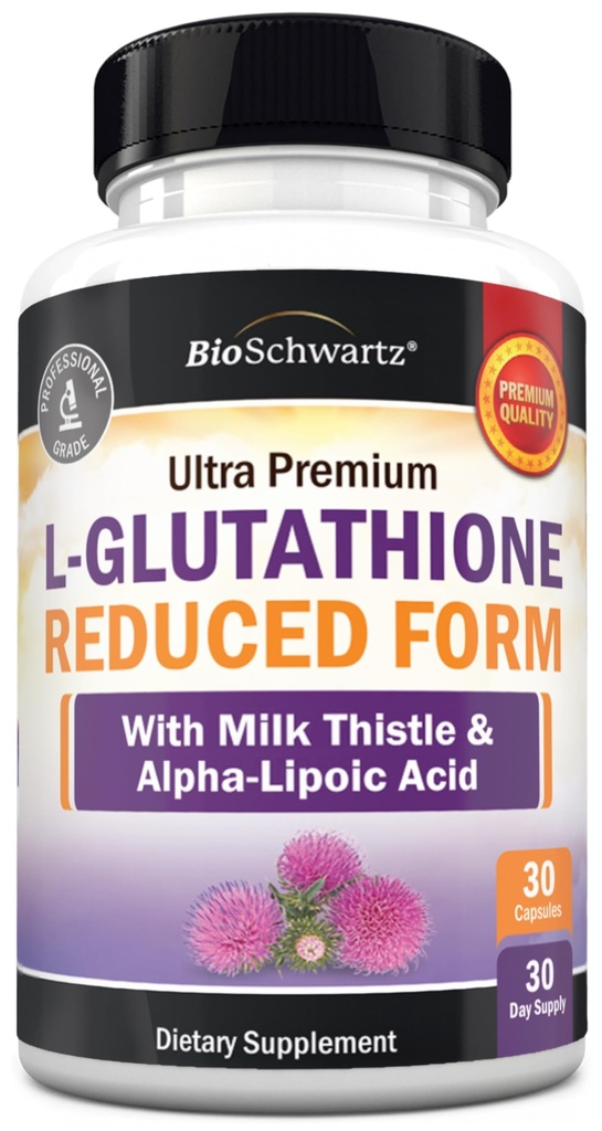 BioSchwartz Reduced Glutathione Supplement 500mg with Alpha Lipoic Acid 50mg & Milk Thistle 100mg - Glutathione Reduced Form - Gluten-Free, Third Party Quality Tested - 30 Capsules, 30 Day Supply