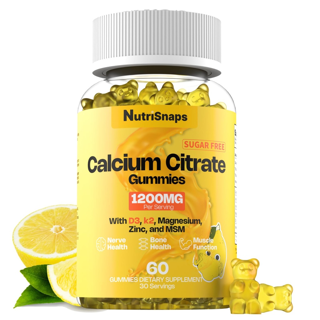 Sugar Free Calcium Citrate Gummies 1200mg med vitamin D3 K2, Magnesium, Zink, MSM for mænd og kvinder, Ben, muskel, immunstøtte, Ultimate Absorption Calcium Supplement, Vegan, 60 Greve