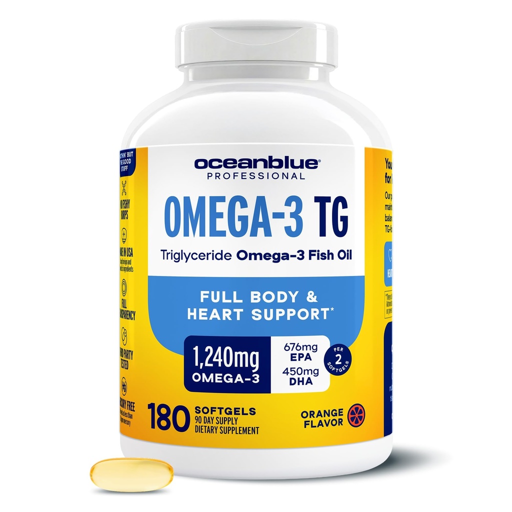 Oceanblue Omega-3 TG Fish Oil - Heart, Brain, Eye Support | 180 Softgels - 90 Servings | 1240mg Omega-3, 676mg EPA, 450mg DHA | Burp-Free