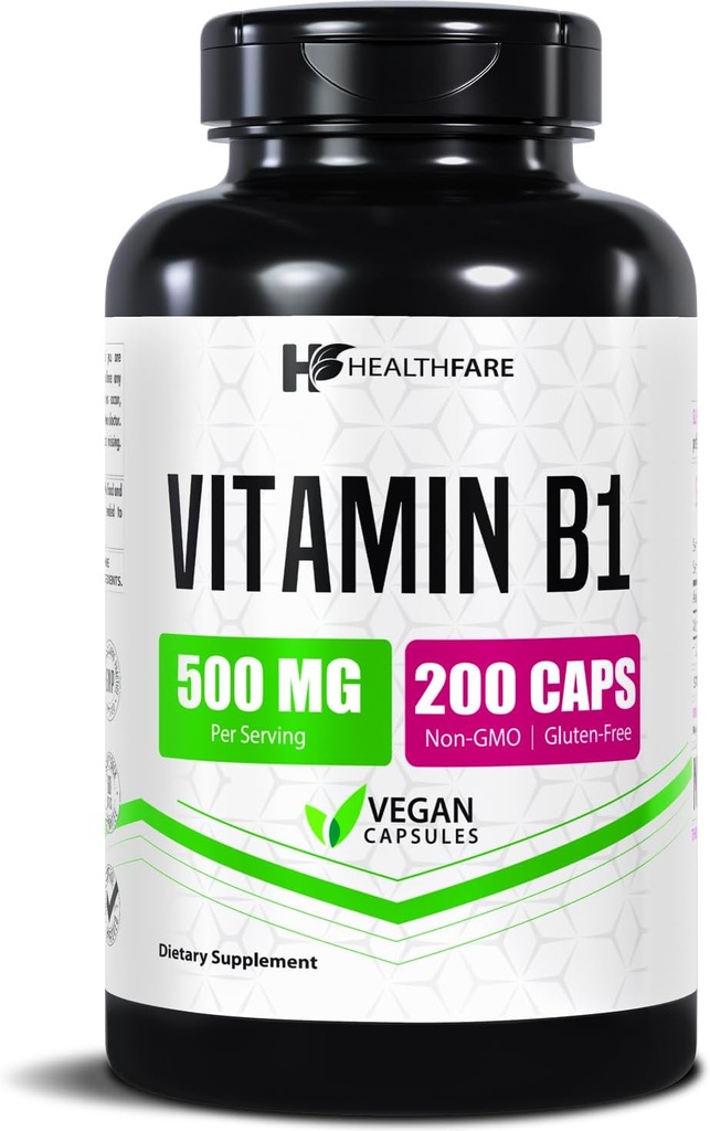 Healthfare Vitamin B1 (Thiamine) 500mg | 200 Vegan Capsules | Extra Strength High Potency Supplement | Supports Energy & Nervous System | Non-GMO, Gluten-Free | Made in USA