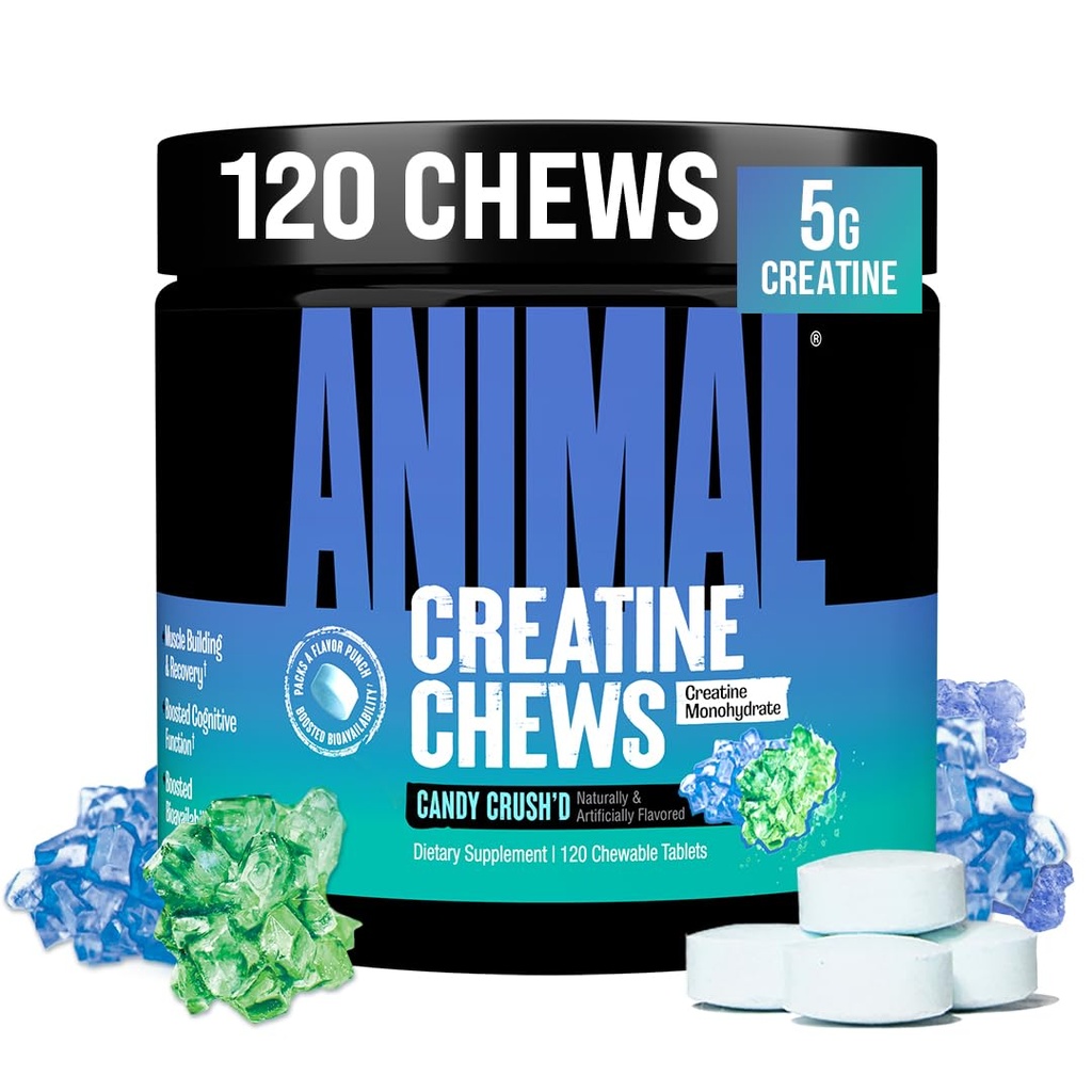 Animal Creatine Chews – Enhanced Creatine Monohydrate Chewable Tablets with AstraGin & Sea Salt, Max Absorption Pre Post-Workout, Lean Muscle Growth, Strength & Recovery, New Flavor Candy Crush’d