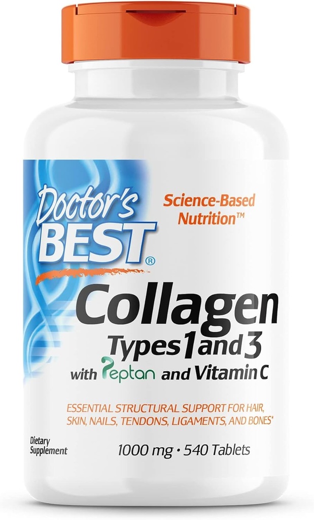 Doctor 's Best Collagen Typer 1 & 3 med Peptan, Non- GMO, Gluten Free, Soy Free, Understøtter Hår, Hud, Nails, Tendons & Bones, 1000 Mg, 540 tabletter