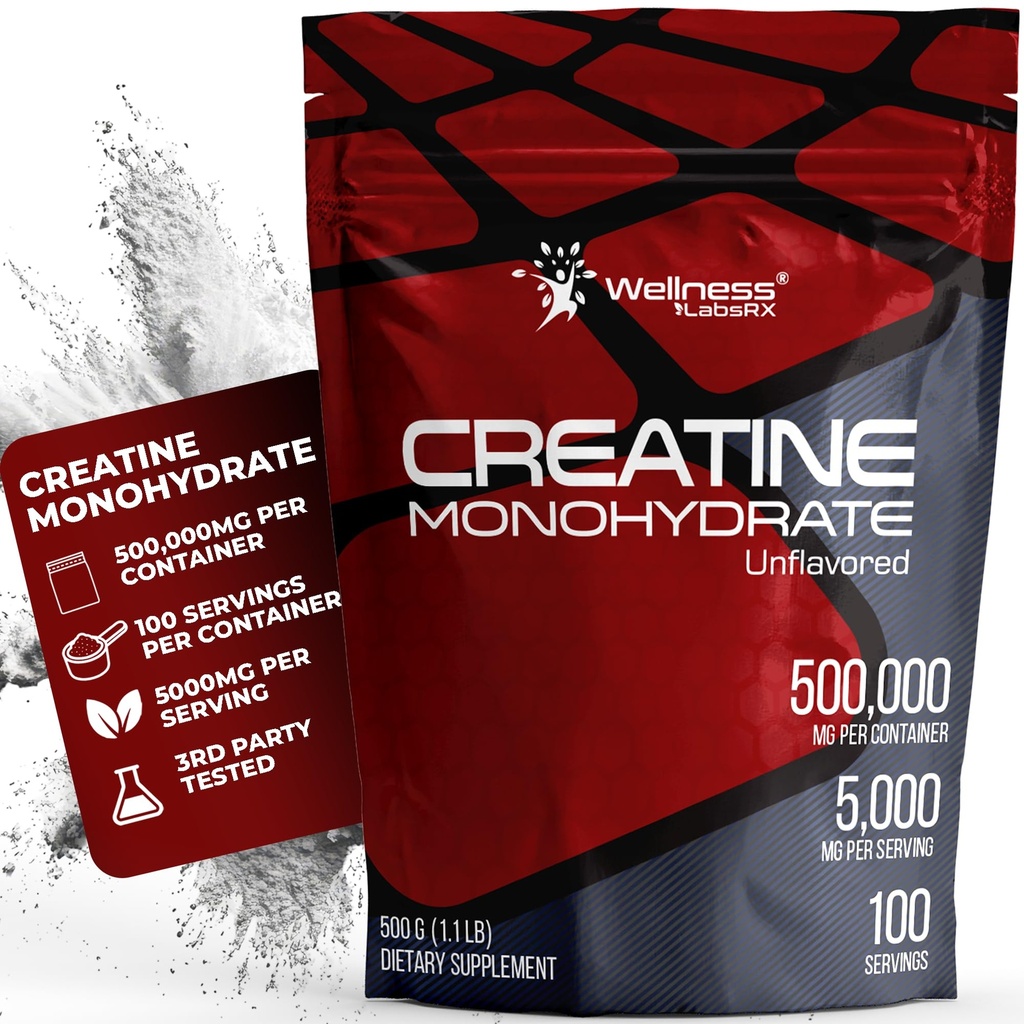 WELLNESS LABSRX Creatine Monohydrate Powder 500g – 100 Servings Micronized Creatine Powder Supplement, Unflavored Creatine for Women and Men, Supports Muscle Strength, Energy, Endurance and Workout
