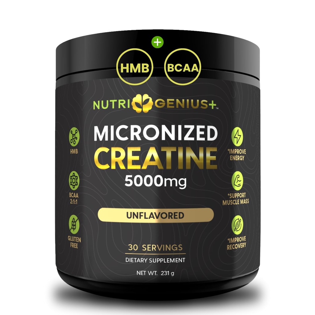 Creatine Powder Micronized with BCAAs + HMB, Magnesium Malate, for Muscle Growth, Strength & Recovery | Unflavored | 30 Servings (Unflavored)