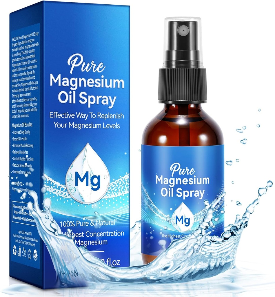 Magnesium Spray, Pure Magnesium Oil Spray til foder, Natural Organic Ingredient i glasflaske, Let at Absorbere og Brug (60ML)