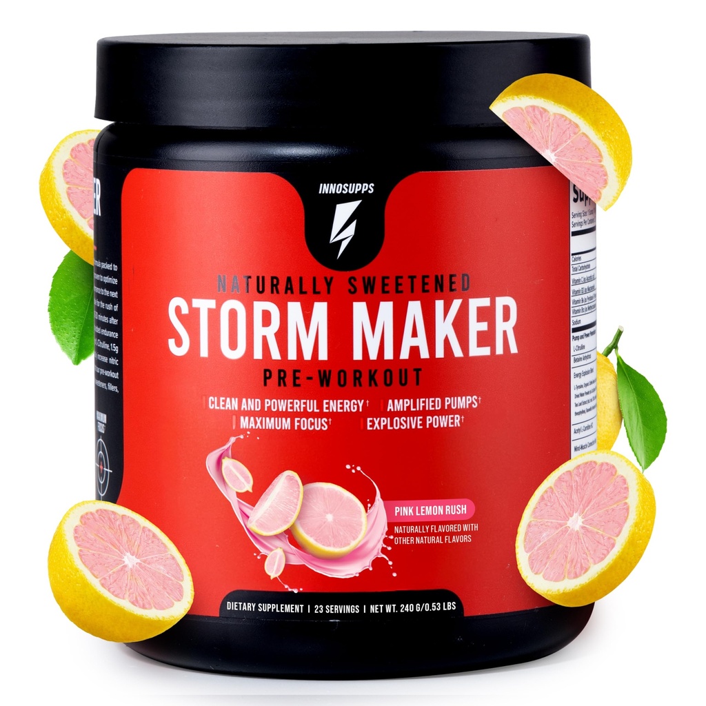 InnoSupps Storm Maker Pre Workout - Long Lasting Energy, Organic Caffeine, Green Tea Extract, L-Citruline, No Artificial Sweeteners (Pink Lemon Rush)