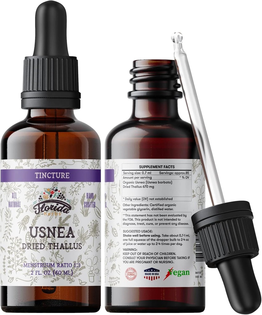 Usnea Tincture Alkohol Free, Organic Usnea Extract (Usnea barbata) Tørret Thallus Herbal Supplement, Non- GMO i Cold- Pressed Organic Vegetabilsk Glycerin, 700 mg, 2 oz (60 ml)
