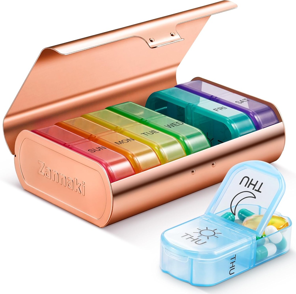 Zannaki Metal XL Weekly Pill Organizer 2 gange om dagen, Stor rejse Daily Pill Box 7 dag, Portable Uge To Pill Holder Container, AM PM Pill sag for medicin Vitamin Medicin supplement, Guld
