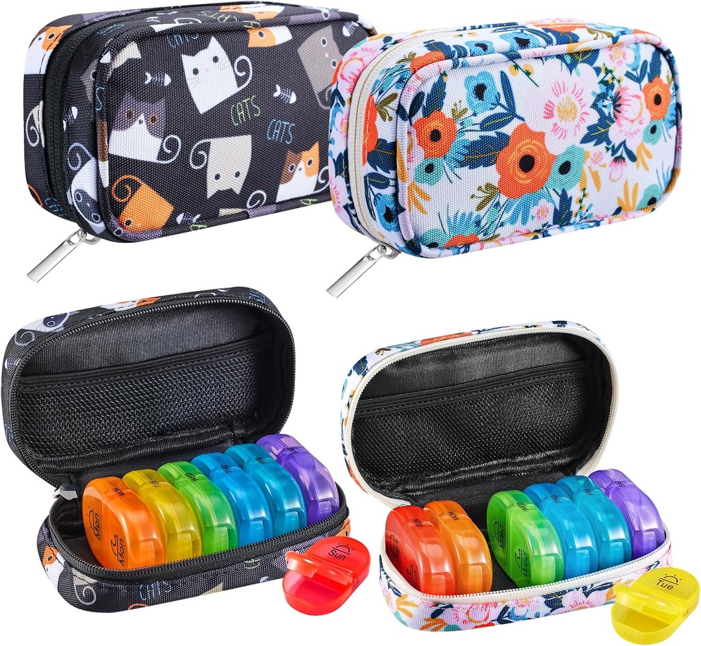 Serfeymi Ugentlig rejse Pill Organizer 2 gange en dag AM PM Rainbow Pill Box 7 Dag med lynlås Canvas Pill Case, Medicin Organizer til piller, Vitaminer, Fiskeolier - Sort 02 + Bloom 01