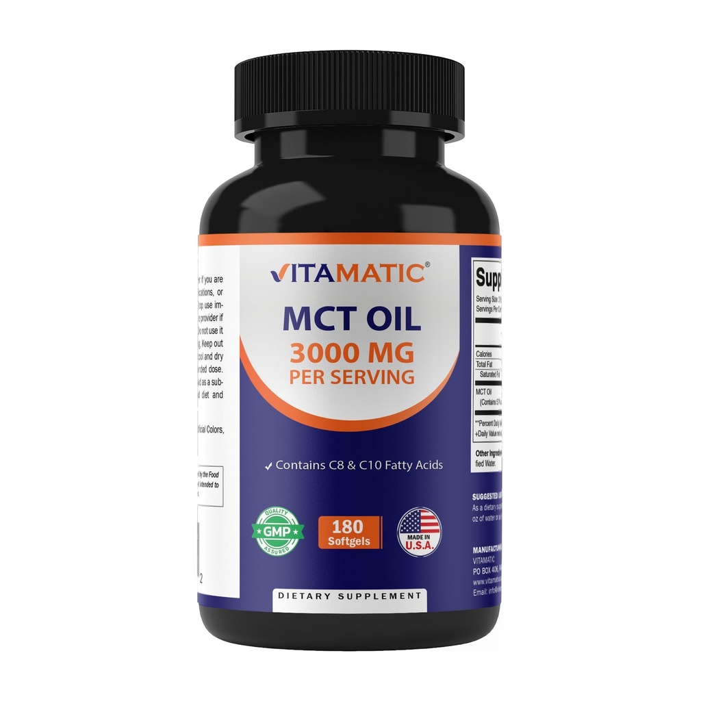 Vitamatisk MCT Olie 3000 mg per servering - 180 Softgels - fra kokosolie - Indeholder 55% kaprilsyre C8 og 40% caprilsyre C10