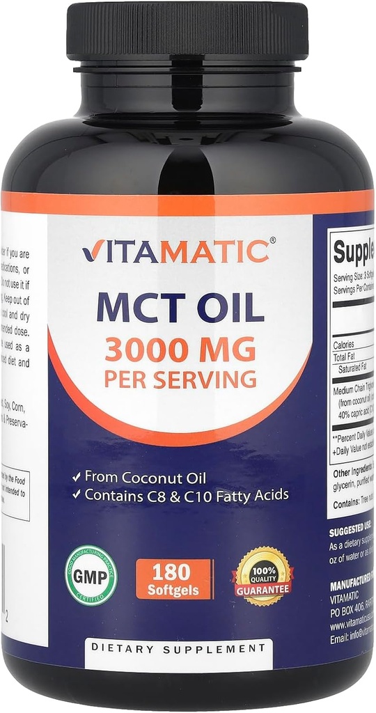 Vitamatisk MCT Olie 3000 mg per servering - 180 Softgels - fra kokosolie - Indeholder 55% kaprilsyre C8 og 40% caprilsyre C10