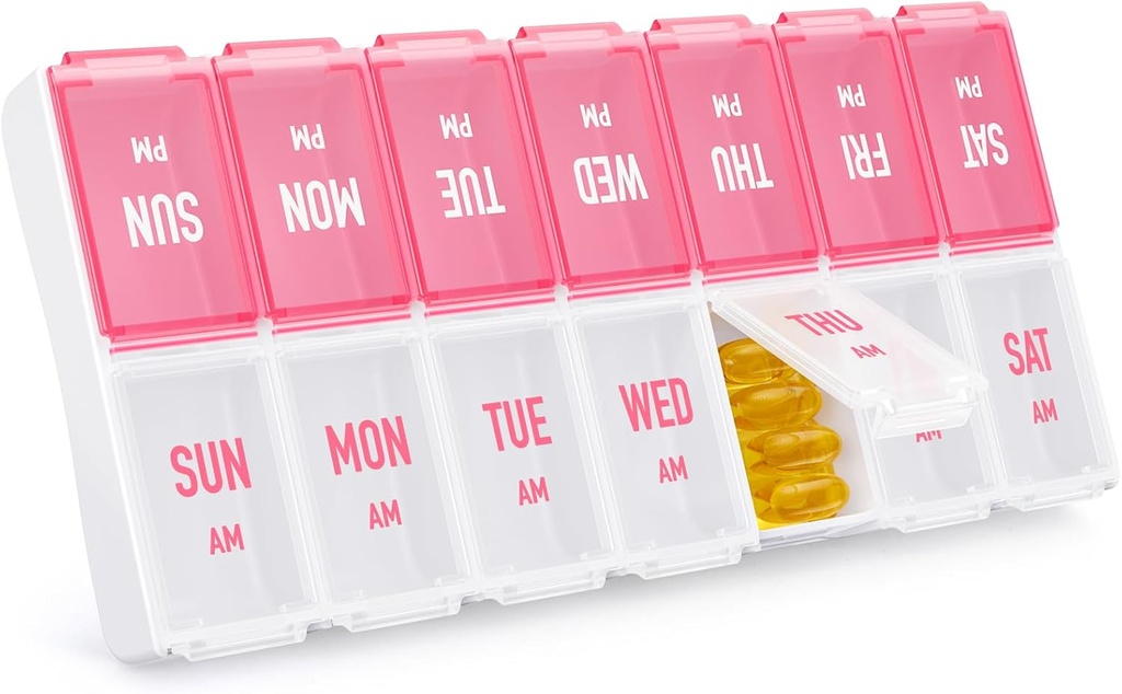 Ugentlig Pill Organizer 2 gange om dagen, Stilfuld Pill Box 7 Dag PM med store kompartmenter, Pill sag let at bruge, BPA- Gratis Pill Container til vitaminer, fiskeolier, Kosttilskud, Medicin, Pink