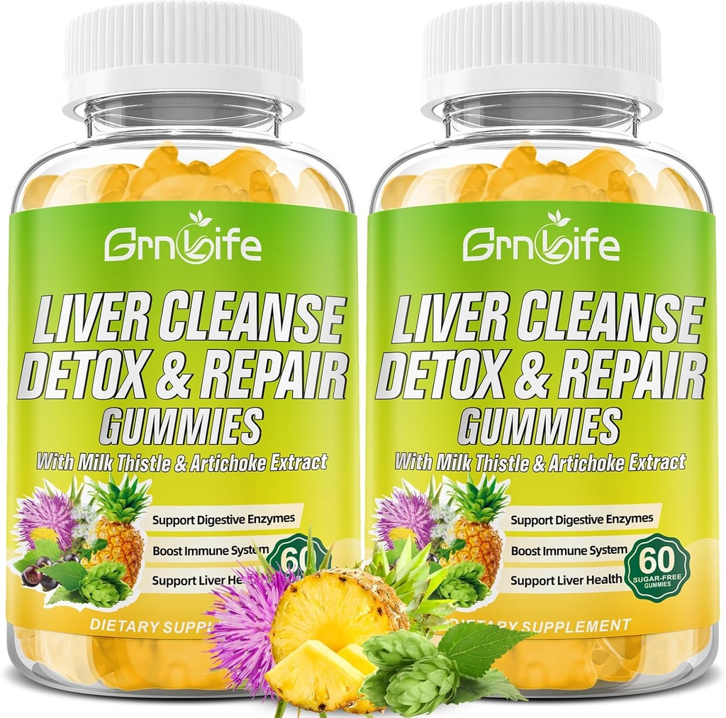Lever rense Detox & Reparation Gummies med mælk Thistle 3000mg, 24- in-1 Lever sundhed supplement med Mælkebøtte, Artiskok, Sukker fri lever Detox Gummies, Ananasfavor - 120 Greve