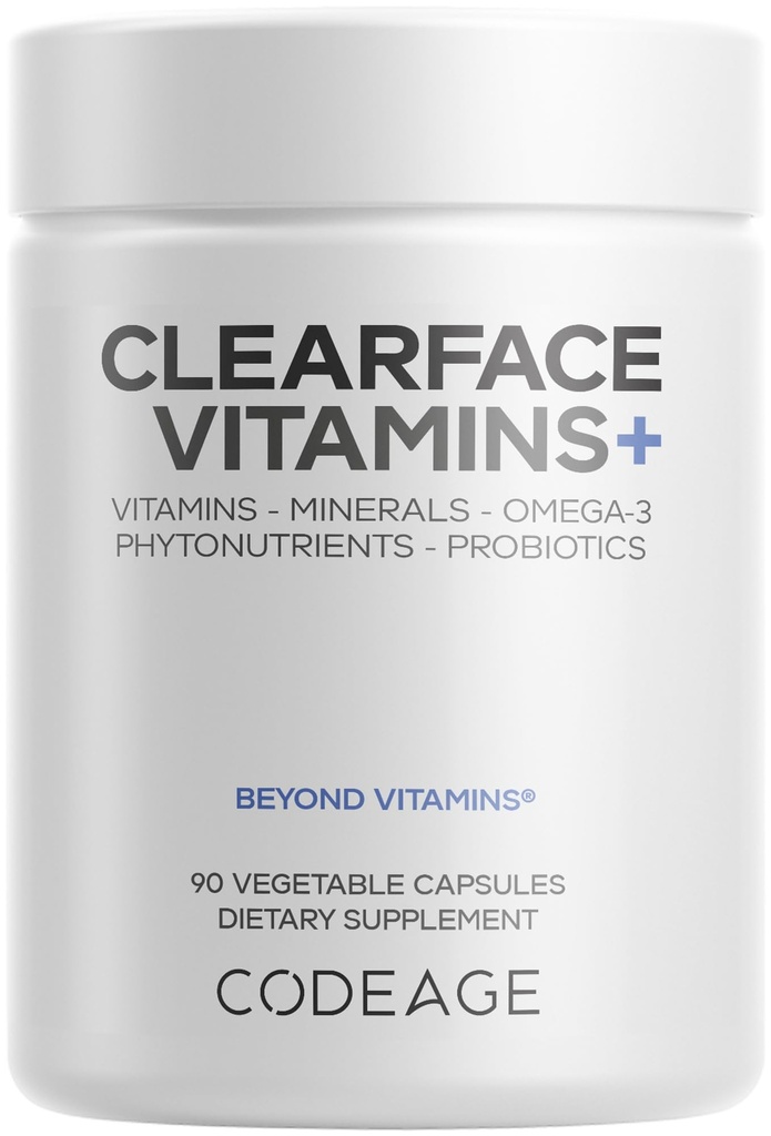 Kodeage Clearface Pantothensyre, Niacin Supplement, Vitamin A, C, D3, E, Probiotika, Zink, Riboflavin, Thiamin, L- Lysin HCL & Omega-3, Niacinamid, Skin Botanisk Blend - Non- GMO - 90 Kapsler