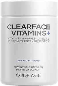 Kodeage Clearface Pantothensyre, Niacin Supplement, Vitamin A, C, D3, E, Probiotika, Zink, Riboflavin, Thiamin, L- Lysin HCL & Omega-3, Niacinamid, Skin Botanisk Blend - Non- GMO - 90 Kapsler