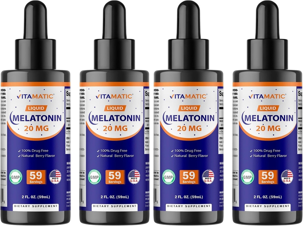 Vitamatic 4-Pack Melatonin 20mg Liquid Drops - 2 fl oz (59 ml) Each - Natural Berry Flavor - Non-GMO, Vegetarian Supplement for Adults