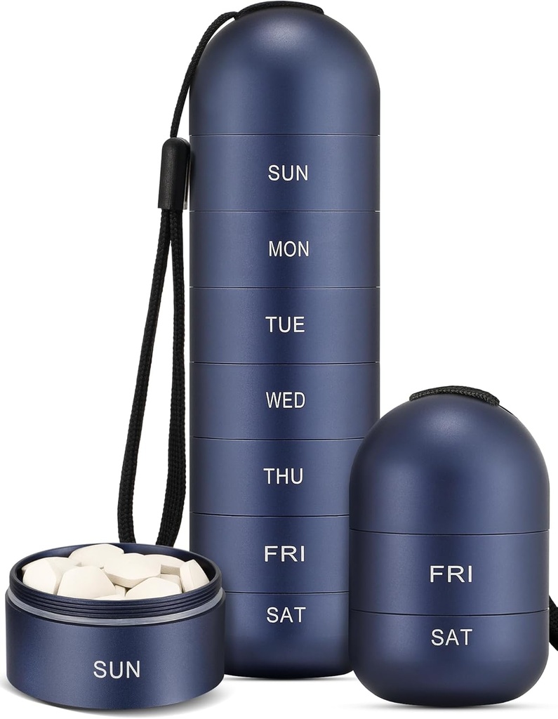 Zannaki Metal Fugt Bevis Weekly Pill Organizer, Stackable Aluminum Alloy BPA Gratis rejse vandreture 7 Dag Pill Box sag Vandtæt og stort kompartment til at holde piller, vitaminer, fiskeolie, kosttilskud