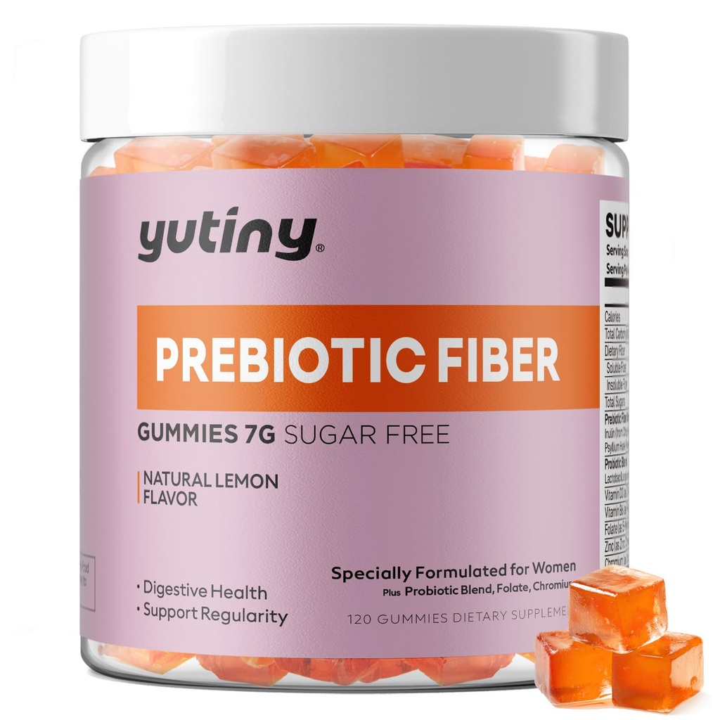 Fiber Gummies for Women, 7g High Prebiotic Fiber Supplement with Inulin, Psyllium Husk, Probiotics, Folate, Chromium, Digestive Health & Regularity, Vegan, Sugar Free, 120 Chews