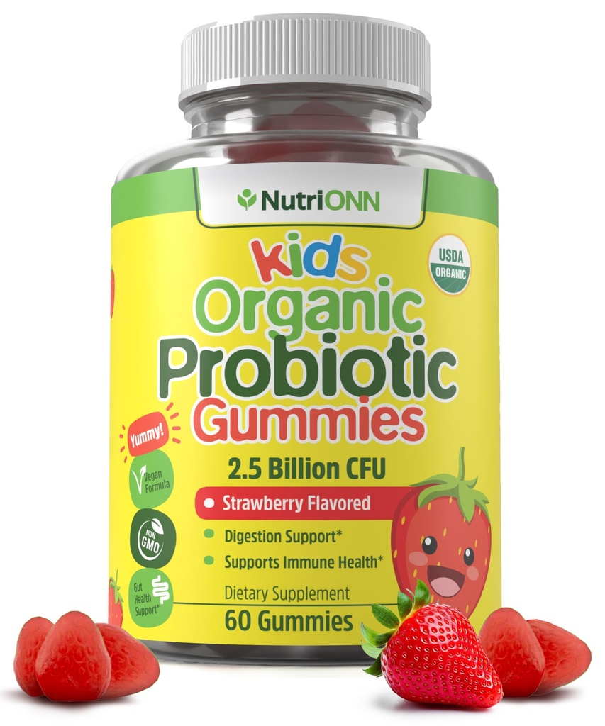 NutriONN Organic Kids Probiotic Gummies - USDA Organic Chewable Probiotics for Kids - 60 Delicious Gummies - Child Digestive, Immune Support & Gut Health Supplement - Vegan & Non-GMO