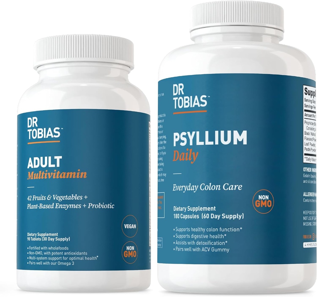 Dr. Tobias Adult Multivitamin & Psyllium Daily Supports Energy, Immunity & Healthy Bowel Movements with 42 Fruits & Vegatables, Psllium Husk, Bentonite Clay, Flaxseed & Natural Ingredients