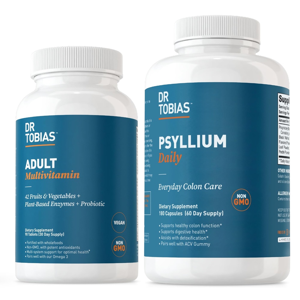 Dr. Tobias Voksen Multivitamin & Psyllium Dagligt støtter energi, Immunitet og sund tarmbevægelse med 42 frugter & Vegatables, Psllium Husk, Bentonit Clay, Flaxseed & naturlige ingredienser