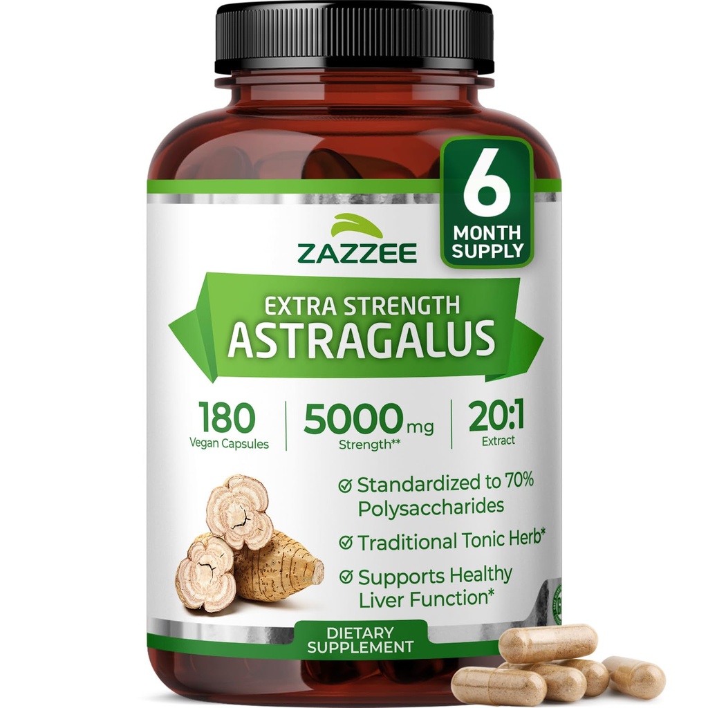 Zazzee Extra Strength Astragalus Root 20: 1 Extract, 5000 mg Strength, 70% Polysaccharides, 180 Vegankapsler, 6 måneder Supply, 100% Vegetar, Standardized and Concentrated 20X Extract, Non- GMO