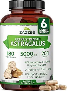 Zazzee Extra Strength Astragalus Root 20: 1 Extract, 5000 mg Strength, 70% Polysaccharides, 180 Vegankapsler, 6 måneder Supply, 100% Vegetar, Standardized and Concentrated 20X Extract, Non- GMO