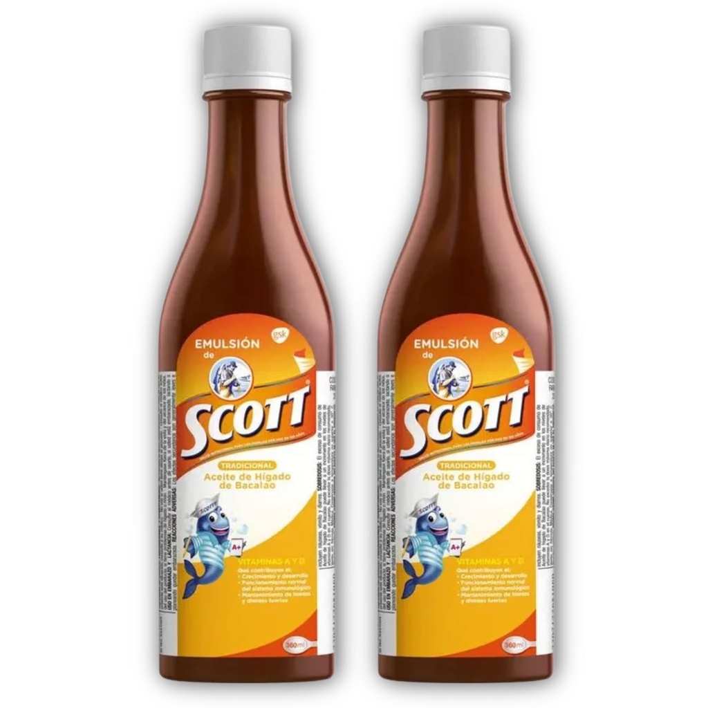 DECA EXPERTS Emulsion de Scott Aceite de hígado de bacalao sabor tradicional Pack de 2 de 6.1 fl oz - 180 ml - con vitamina A y Calcio, suplemento dietético para niños, despensa Colombiana