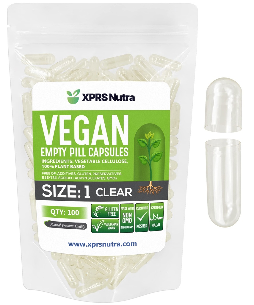 XPRS Nutra Størrelse 1 Tomme kapsler - 100 Grev Tomme Veganske kapsler - Vegetariske piller - DIY vegetabilsk kapsel Filling- Veggie Pill Caps for Do- It- Yourself Kosttilskud