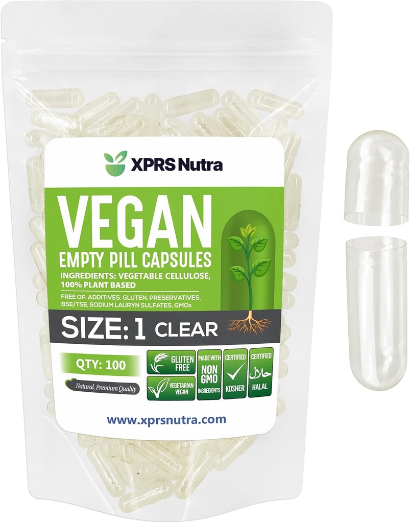 XPRS Nutra Størrelse 1 Tomme kapsler - 100 Grev Tomme Veganske kapsler - Vegetariske piller - DIY vegetabilsk kapsel Filling- Veggie Pill Caps for Do- It- Yourself Kosttilskud