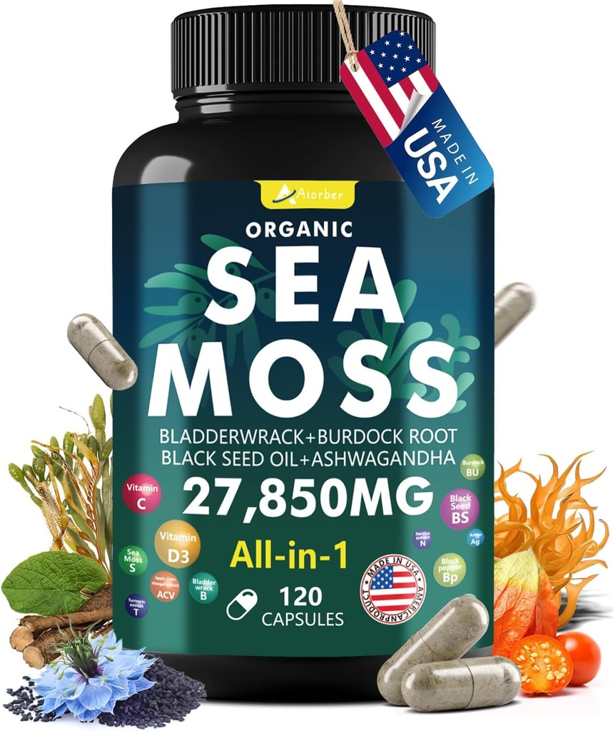 Sea Moss Capsule Complex med Sea Moss, Black Seed Oil, Aşhwagandha, Ginger & Vitaminer C, D3-120 Kapsler, Superfood Kosttilskud - Advanced Seamoss Pills, Wild Sea Moss Pills, Lavet i USA
