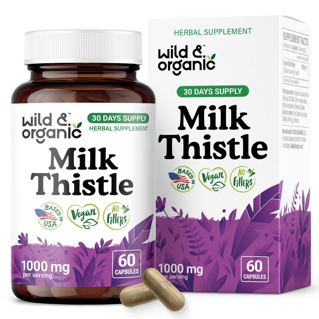 Wild & Organic Milk Thistle Capsules 1000mg - Liver Support Supplement - Silymarin Milk Thistle Powder for Liver Cleanse - 60 Vegan Capsules - 1-Month Supply - No Fillers, Non-GMO