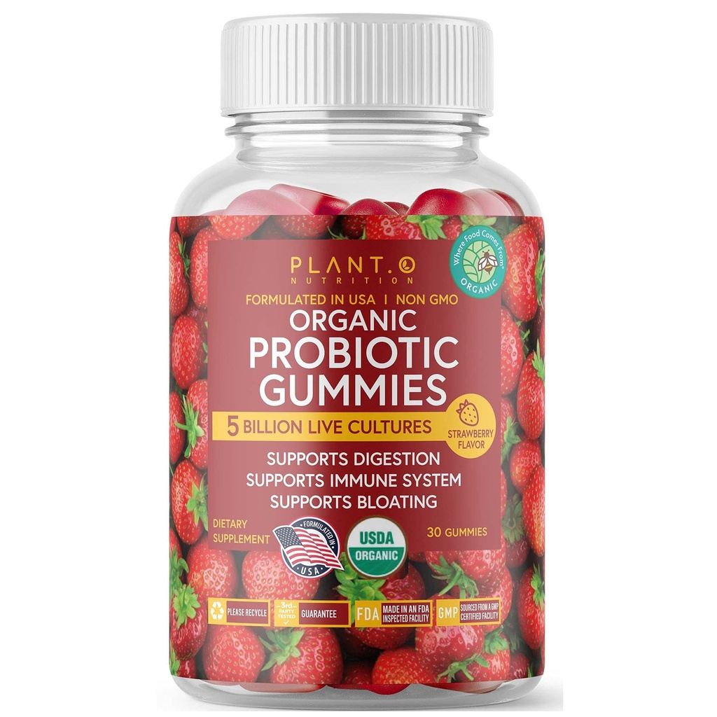 Plant.O Organic Probiotic Gummies for Women, Mænd & Kids [5 Millioner CFUs USDA Certified] Hjælp Support Fordøjelse, Bloating, Forstoppelse & immunsystem, Jordbær Flavor, 30 Chewable Probiotika