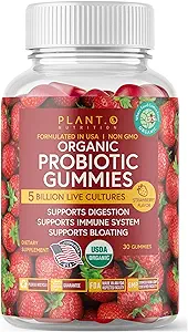 Plant.O Organic Probiotic Gummies for Women, Mænd & Kids [5 Millioner CFUs USDA Certified] Hjælp Support Fordøjelse, Bloating, Forstoppelse & immunsystem, Jordbær Flavor, 30 Chewable Probiotika