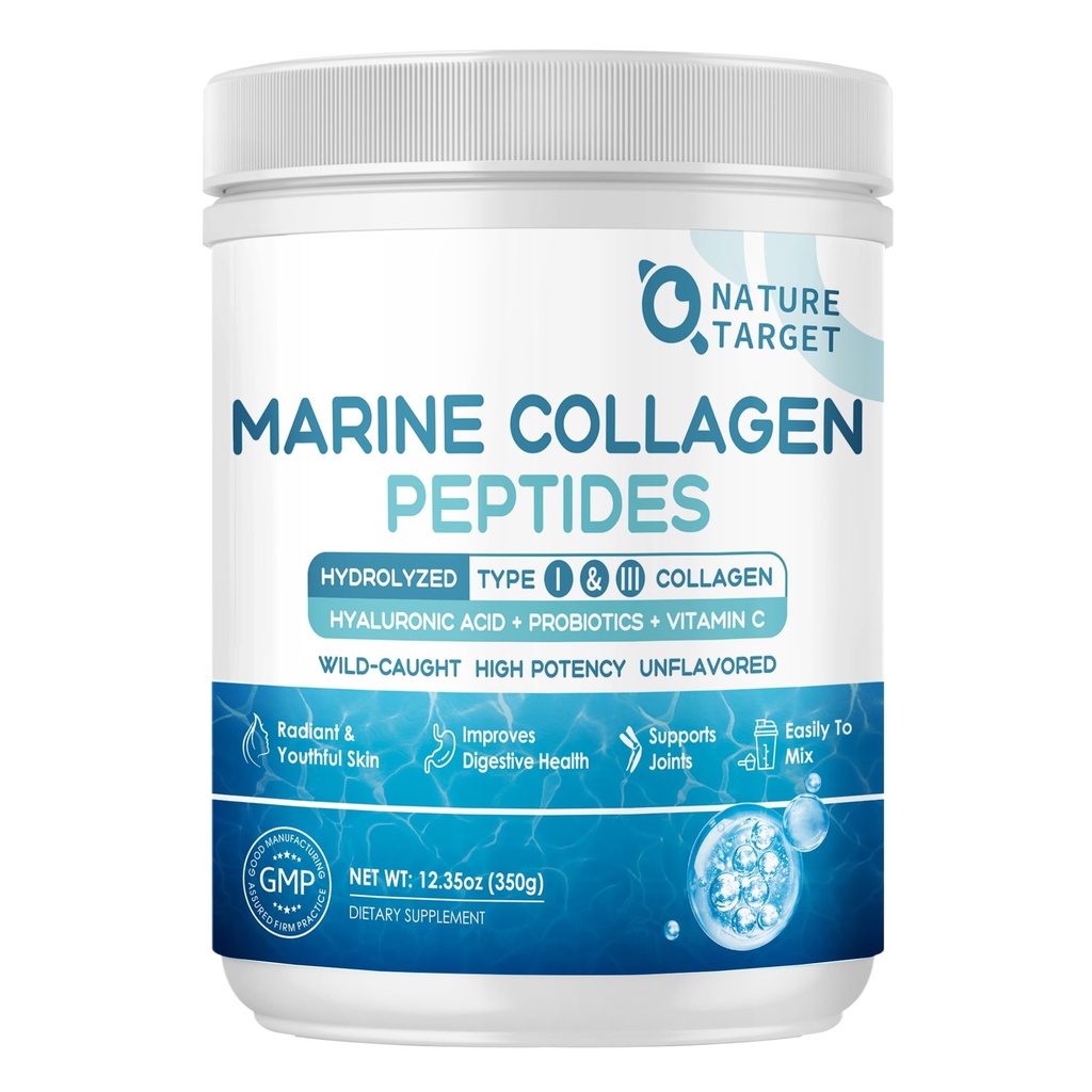 NATUR TARGET Marine collagen peptider pulver - Type I & III collagen med probiotika, C-vitamin & hyaluronsyre til hud, hår, negle, Wild- fanget fisk & Grass- Fed Kvæg, 35 Servering