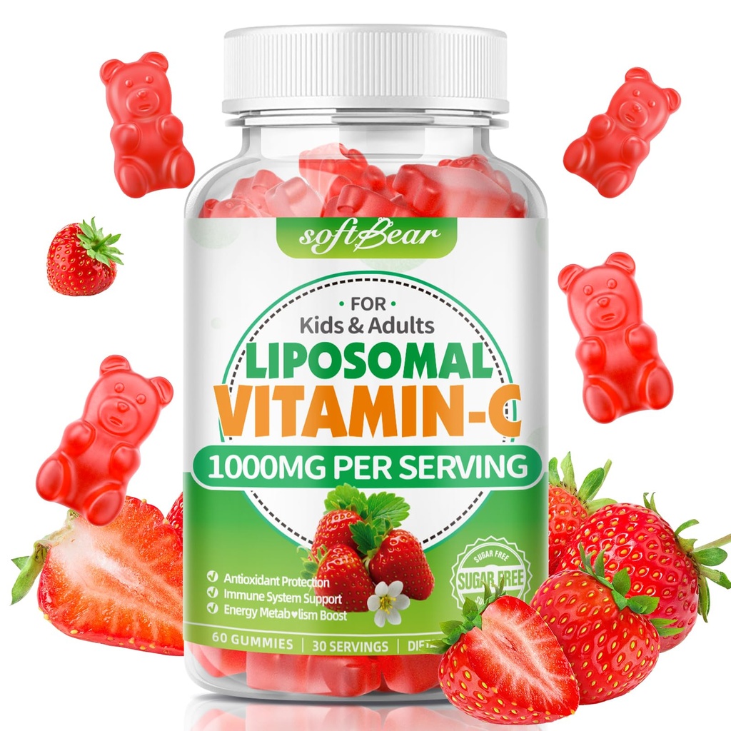 softbear Liposomal Vitamin C Gummies for Adults & Kids 1000mg, Chewable Vitamin C Supplement for Immune Support, Vegan/Organic/Sugar Free VIT C Gummies, Strawberry Flavor 60 Count