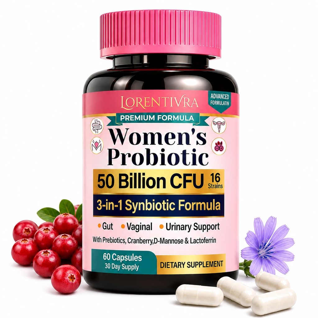 Women's Probiotic 50 Billion CFU 16 Strains, 3-in-1 Synbiotic with Prebiotics, D-Mannose, Cranberry & Lactoferrin for Gut, Vaginal & Urinary Tract Health, Shelf-Stable, 60 Capsules