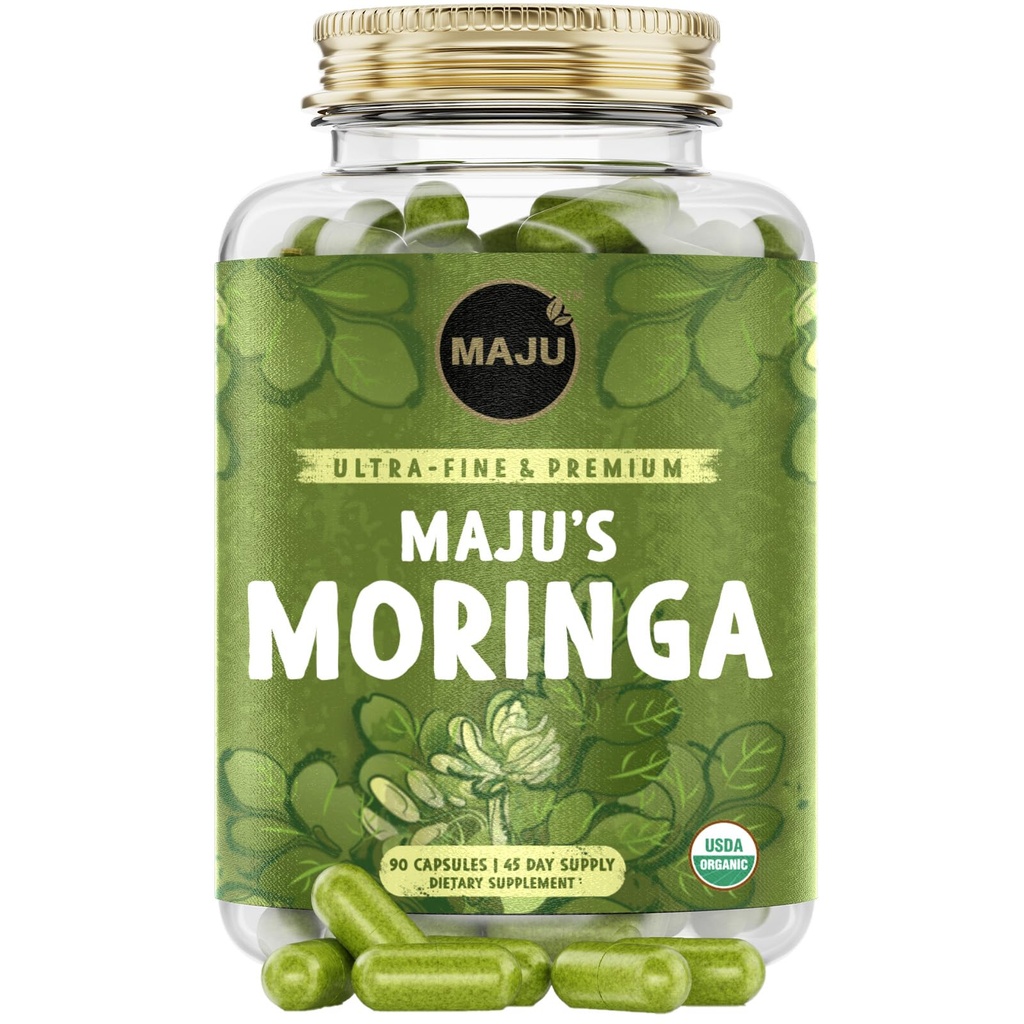 Maju Superfoods Organic Moringa Capsules, Oleifera Leaf, Extra- Fine Quality Moringa Leaves, Tørrede Drumstick Træblade, Organic Moringa Powder Extract Supplement Kapsler fra Plant (90 ct)