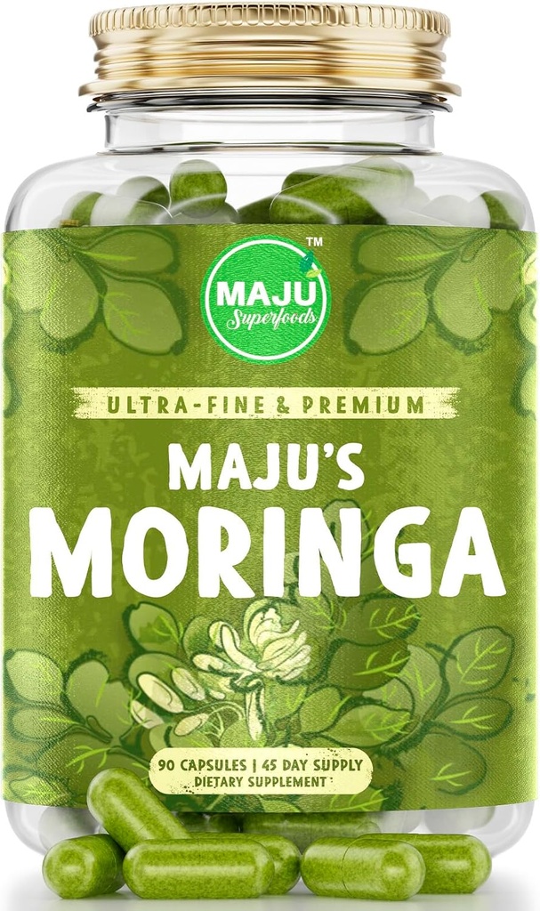 Maju Superfoods Organic Moringa Capsules, Oleifera Leaf, Extra-Fine Quality Moringa Leaves, Dried Drumstick Tree Leaves, Organic Moringa Powder Extract Supplement Capsules from Plant (90 ct)