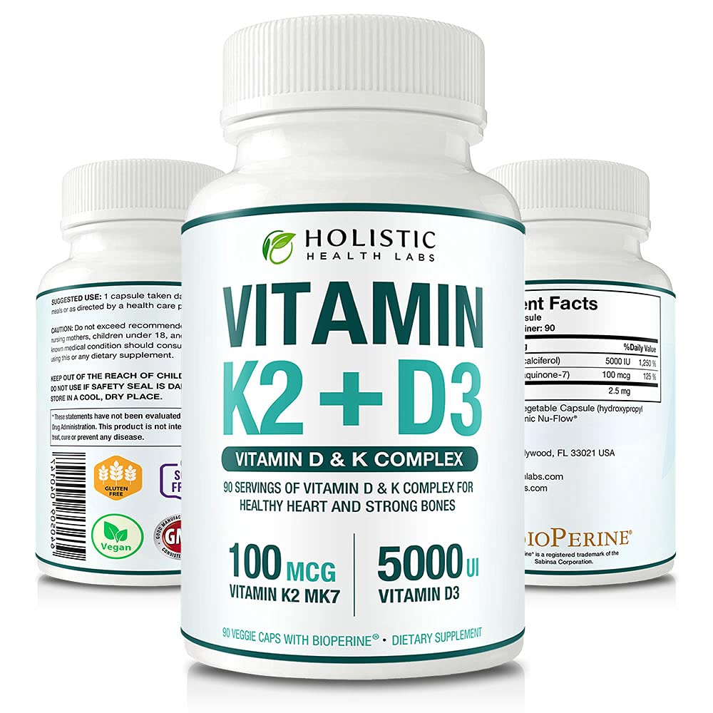 Max Absorption Vitamin K2 + D3 (5000IE) 90 Veggie kapsler fra MK- 7 (Menaquinone- 7) og Cholecalciferol (med BioPerine) 3- Months Supply - D3 med K2 for Sund hjerte og stærke knogler124; Non- GMO