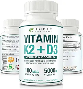 Max Absorption Vitamin K2 + D3 (5000IE) 90 Veggie kapsler fra MK- 7 (Menaquinone- 7) og Cholecalciferol (med BioPerine) 3- Months Supply - D3 med K2 for Sund hjerte og stærke knogler124; Non- GMO