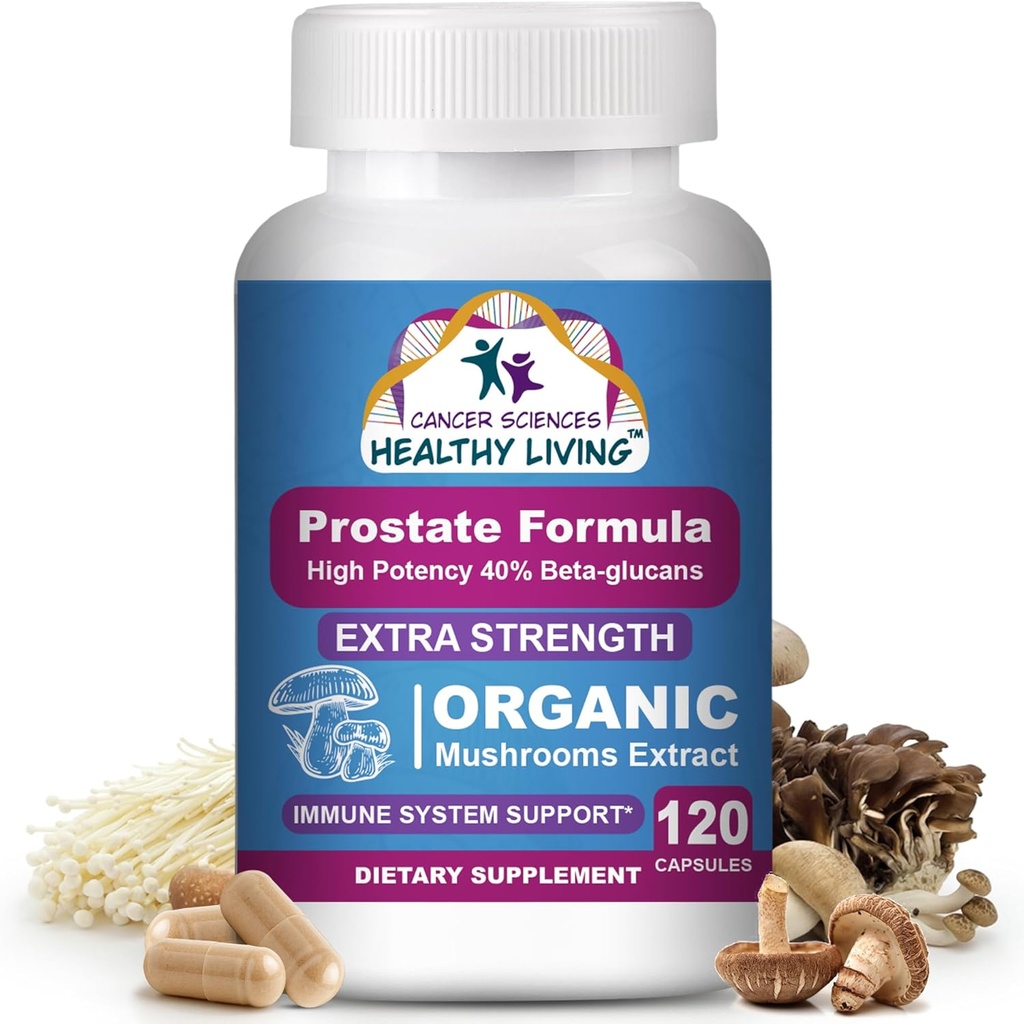 Cancer Sciences Prostata Wellness Kosttilskud til mænd, USDA Certified Organic Mushrooms Extract, Extra Strength 1.500 mg, High Potency 40% Beta- glucans, Immunum, Antioxidanter, 120 Kapsler