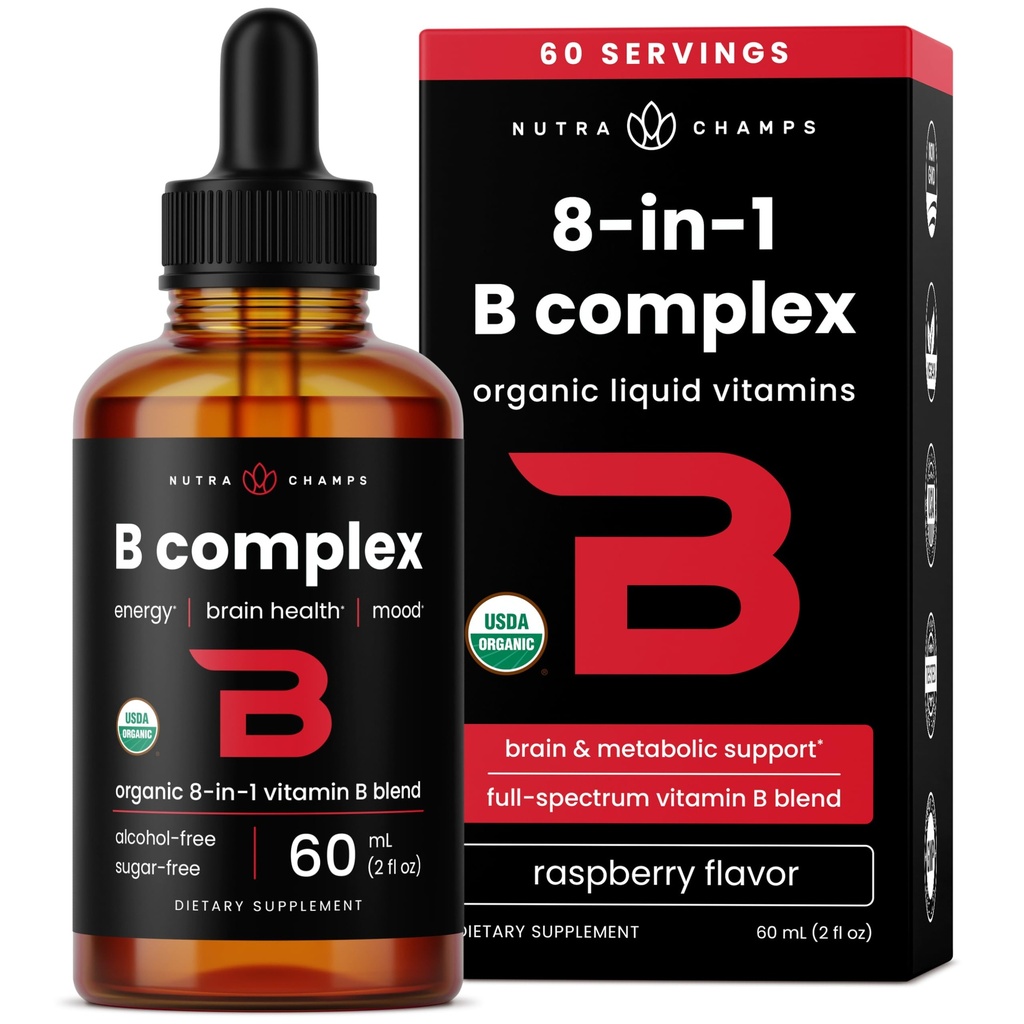 USDA Organic Vitamin B Complex Liquid Drops Mex124; B Vitamin Complex Supplement med B1, B2, B3, B6, B7, B9 & Methyl B12 Drops for voksne & Kids Mex124; Vegan Berry Flavor 2oz Mex124; 60 Servering / 2 Måned Supply