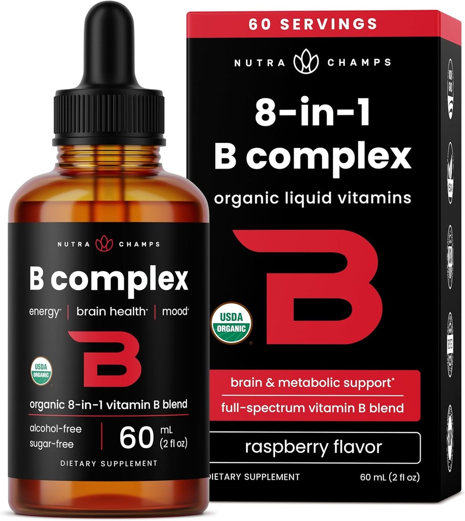 USDA Organic Vitamin B Complex Liquid Drops Mex124; B Vitamin Complex Supplement med B1, B2, B3, B6, B7, B9 & Methyl B12 Drops for voksne & Kids Mex124; Vegan Berry Flavor 2oz Mex124; 60 Servering / 2 Måned Supply
