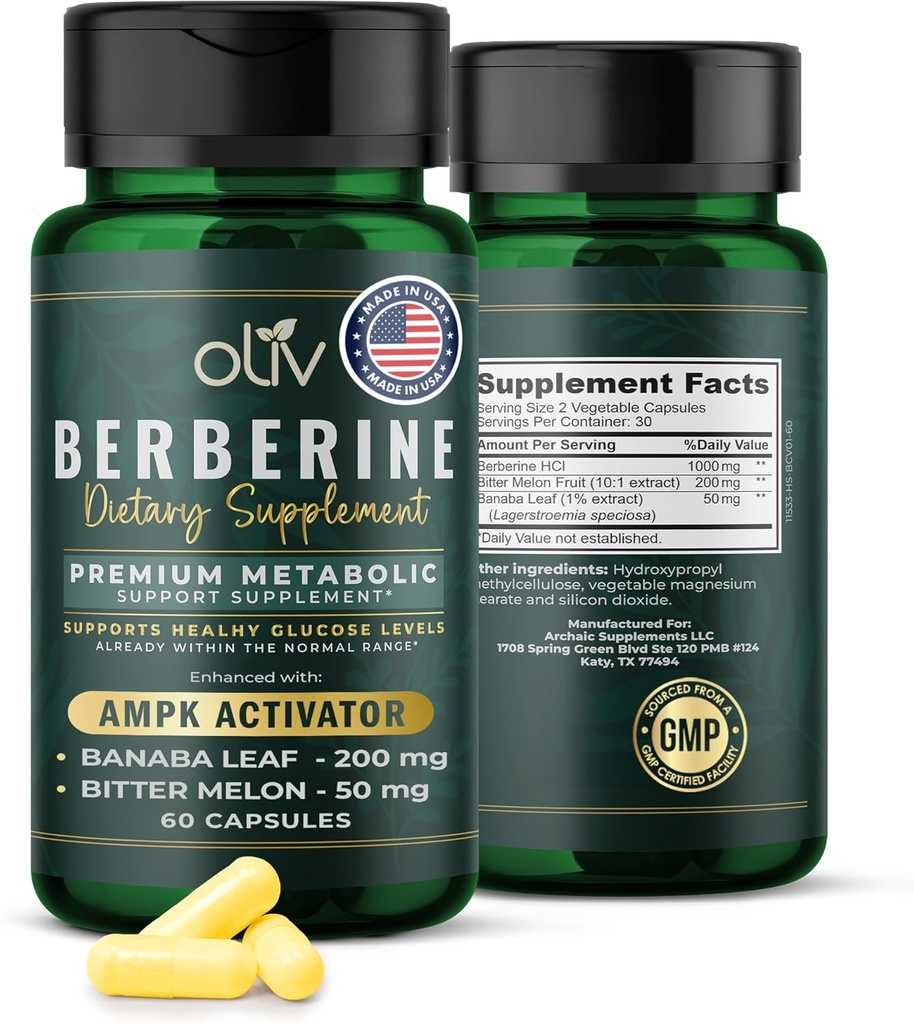 oliv Pure Berberine supplement kapsler - Berberine HCI 1000mg - Natural Metabolic Support med 200mg Bitter Melon Fruit Extract og 50mg Banaba Leaf - 2 Veggie kapsler Daily (30 Servere)